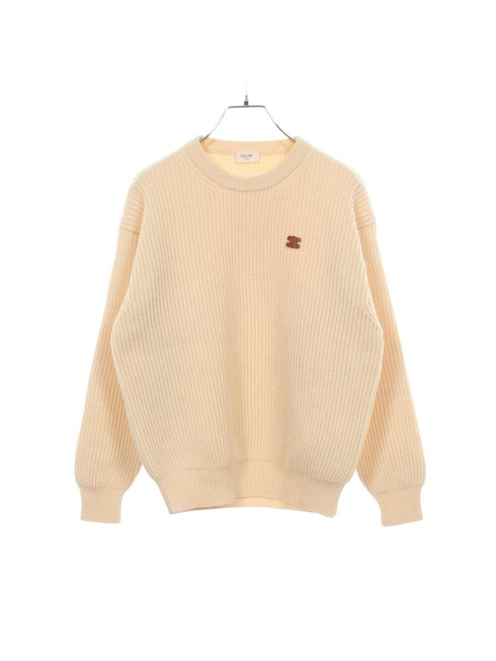 Celine Knit Triomphe Patch White Wool Crew Sweater